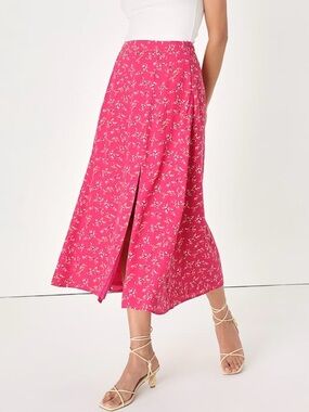 Lulus Bliss Me Hot Pink Floral Print Midi Skirt NWT